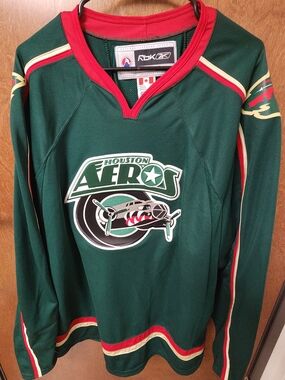 Reebok Green Houston Aeros Hockey Jersey with Red & Cream Trim